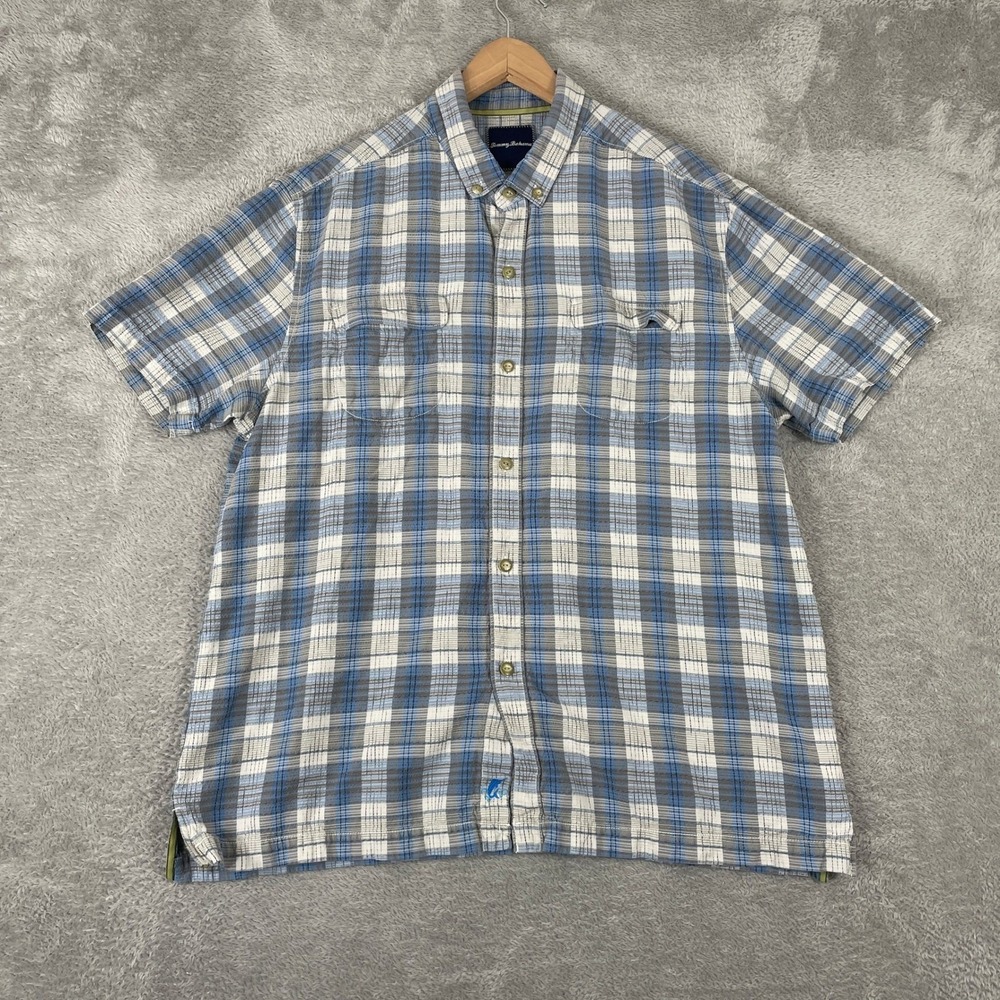 Tommy Bahama Button Up Shirt Mens XL Blue Plaid 100% Silk Short Sleeve Luxury